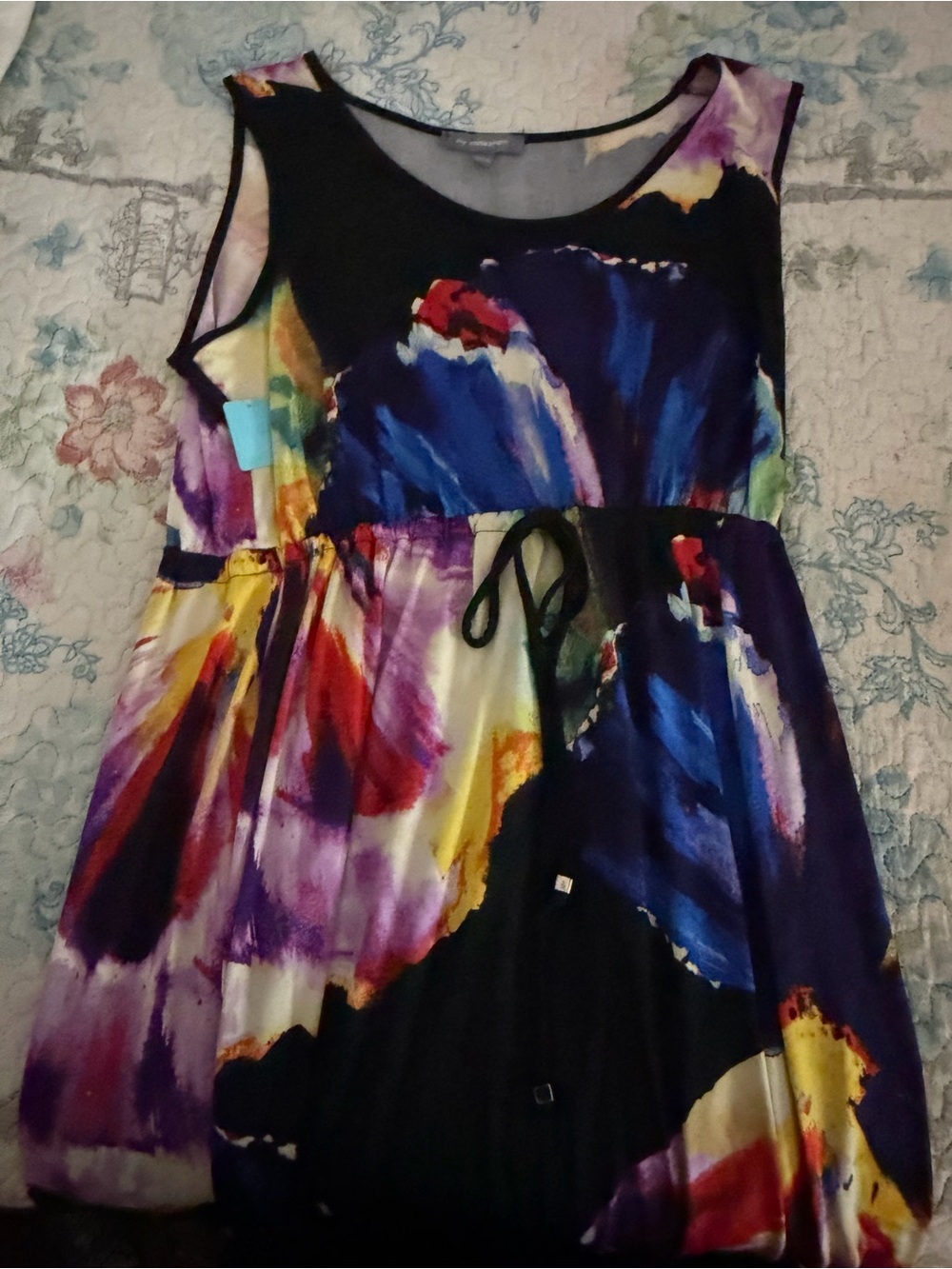 NY Collection Black Multicolor Abstract Floral Sleeveless Dress